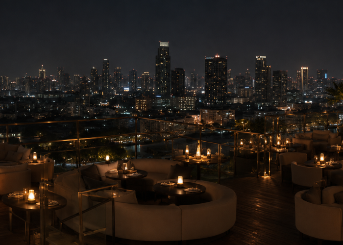 Bangkok rooftop lounge overlooking the city at night