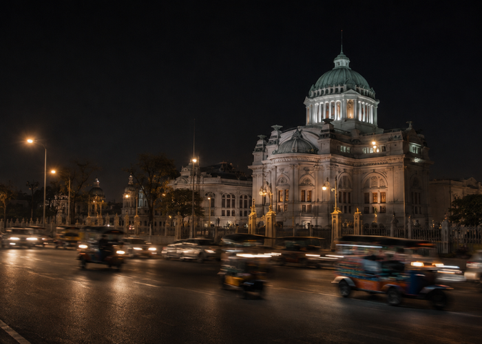 Historic Bangkok building illuminated at night