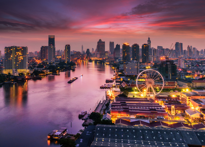 Bangkok skyline and Chao Phraya River at sunset