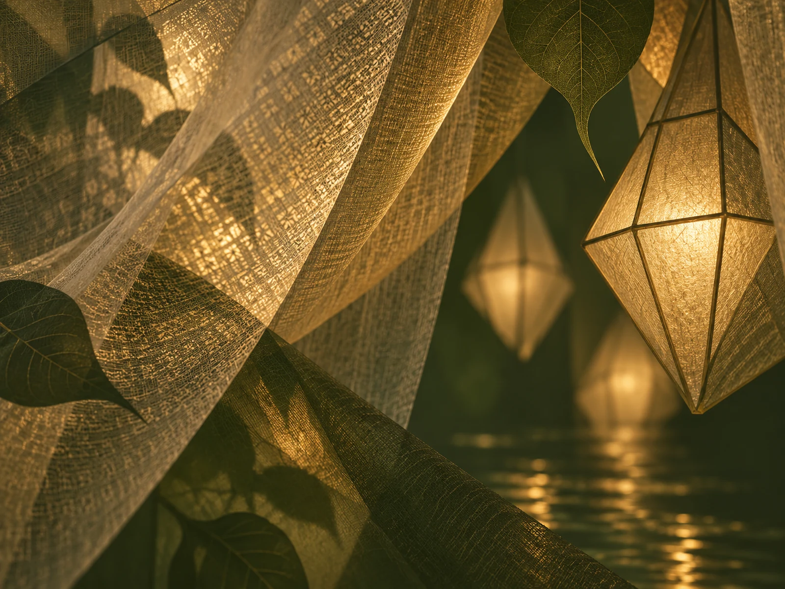 Abstract illustration of golden lantern-like lights against olive woven textures for Thailand Brief Issue 10