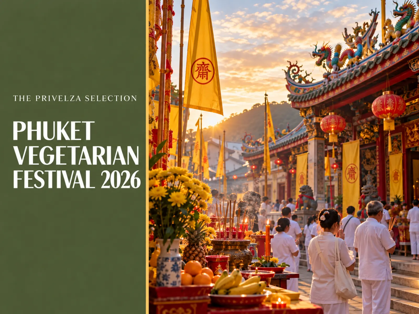 Phuket Vegetarian Festival shrine scene with yellow flags and worshippers dressed in white